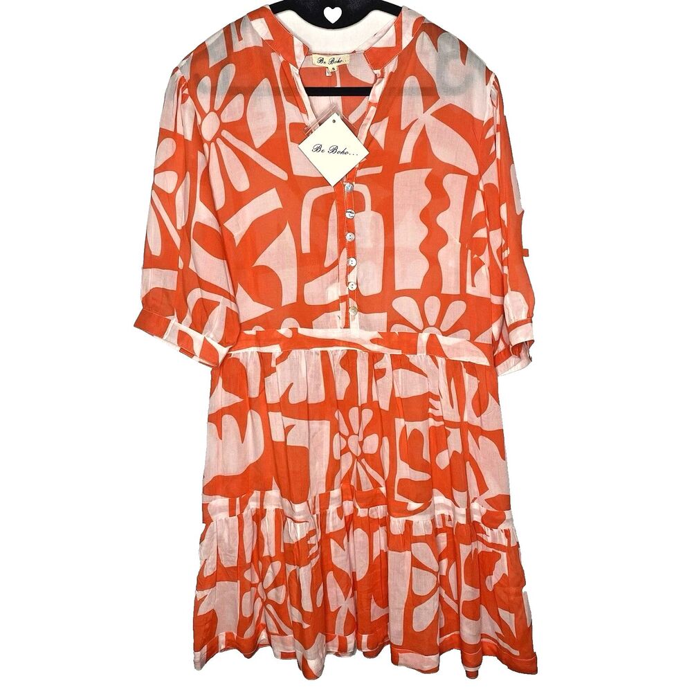 Be Boho Sheer Tiered Mini Dress Womens S Geometric Short Sleeve Pockets Orange